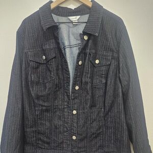 CJ Banks Womens 2X Denim Trucker Jacket Rainbow Pinstripe Dark Wash Indi Stretch